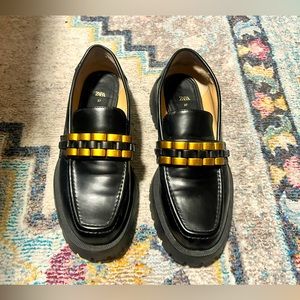 Zara, Black & Gold Embellished Chunky Lug Sole Loafers, Women's Size 37